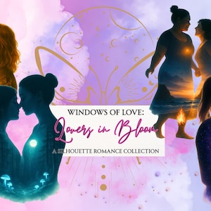 May include: An artistic illustration featuring multiple pairs of women in romantic embraces, set against a backdrop of soft purples, blues, and gold accents. The text "WINDOWS OF LOVE: Lovers in Bloom" is displayed.