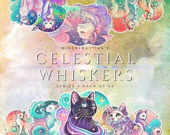 Celestial Whiskers, Series 4 - 40-Pack Mystical Cat Digital Clipart, Instant Download, DALL·E 3 Created Art