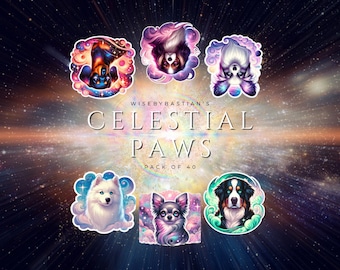 Könnte beinhalten: Ein Set mit 40 bunten Aufklebern mit verschiedenen Hunderassen in einem Galaxie-Design. Die Aufkleber zeigen eine Vielzahl von Rassen, darunter einen Dackel, einen Berner Sennenhund, einen Zwergspitz, einen Chihuahua und einen Papillon. Die Aufkleber sind perfekt, um Laptops, Wasserflaschen, Tagebüchern und vielem mehr einen Hauch von Verspieltheit zu verleihen.