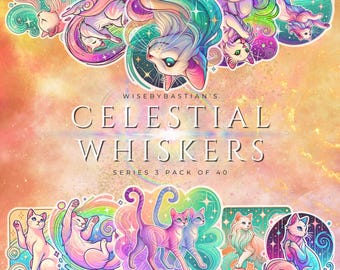 May include: A set of 40 colorful stickers featuring whimsical cats with celestial designs. The stickers are part of the "Celestial Whiskers" series. Each sticker features a cat with a unique design, including stars, moons, and rainbows.