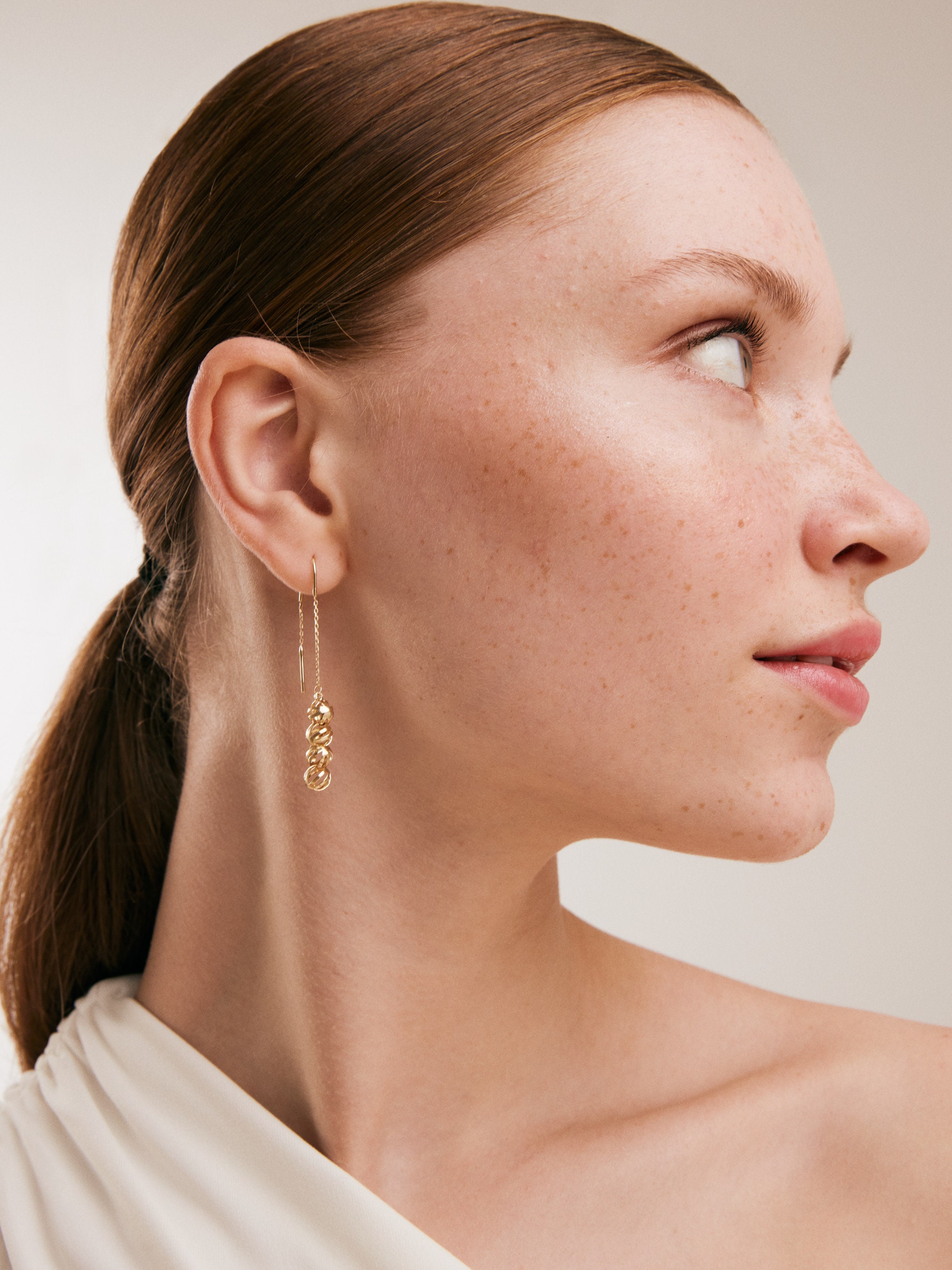 14K Solid Gold Three Ball Threader Earrings Dainty Dangle Drop Earrings