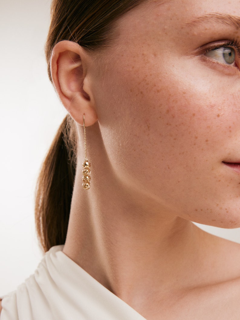 14K Solid Gold Three Ball Threader Earrings Dainty Dangle Drop Earrings