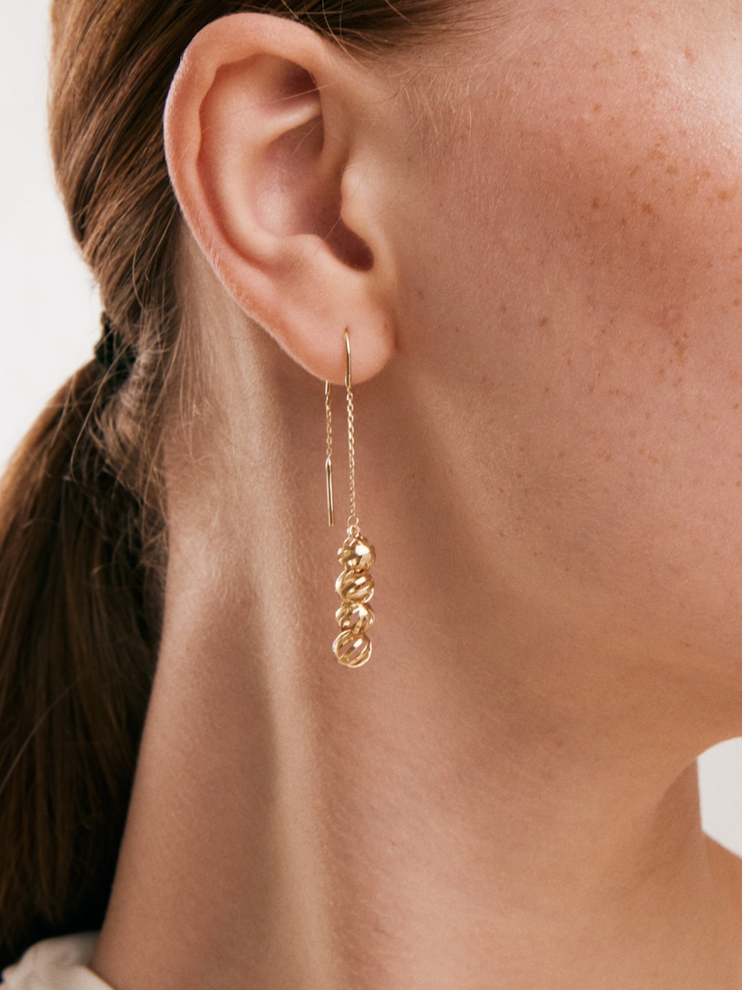 14K Solid Gold Three Ball Threader Earrings Dainty Dangle Drop Earrings