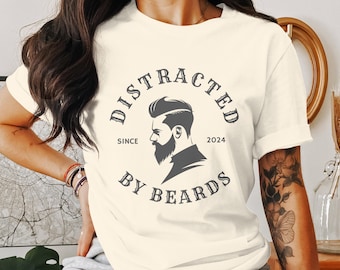 Koszulka graficzna „Distracted By Beards”, zabawna koszulka z brodatym mężczyzną