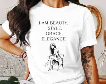 Camiseta "Soy Belleza, Estilo, Gracia y Elegancia": Camiseta gráfica motivacional