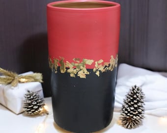 Handmade Ceramic Vase: Red, Black & Bronze-Plated Decor (9in)
