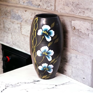 Handmade Ceramic Vase: Black Vase with Blue Floral Design, 12in Decorative Art