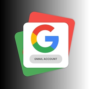 May include: A Gmail logo with a large white square, featuring a red, yellow, green, and blue 'G' icon. The words "GMAIL ACCOUNT" are in a small, gray rectangle below the icon. The logo is layered over red and green shapes.
