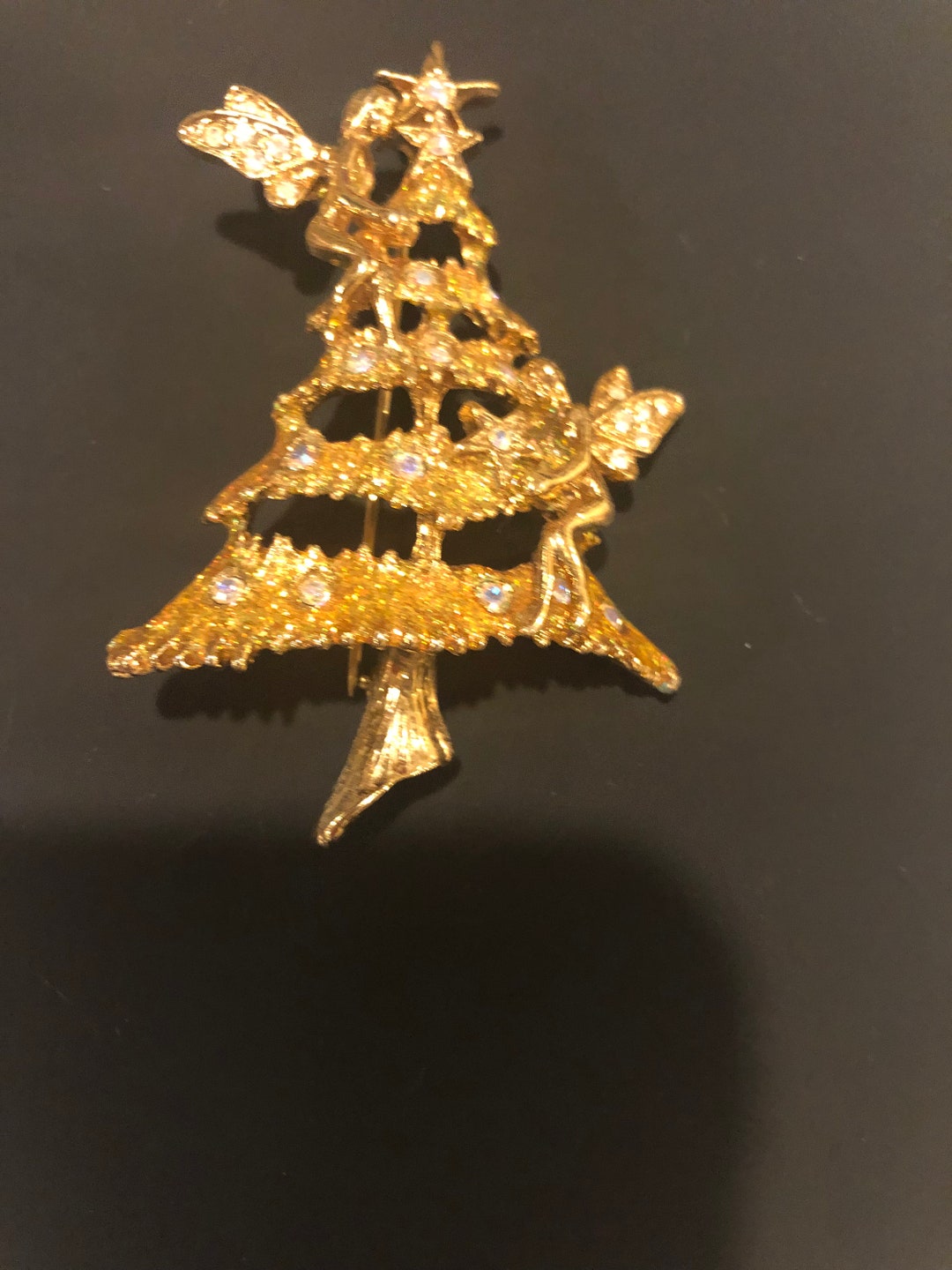 Vintage Xmas Tree Brooch With Two Fairies Etsy