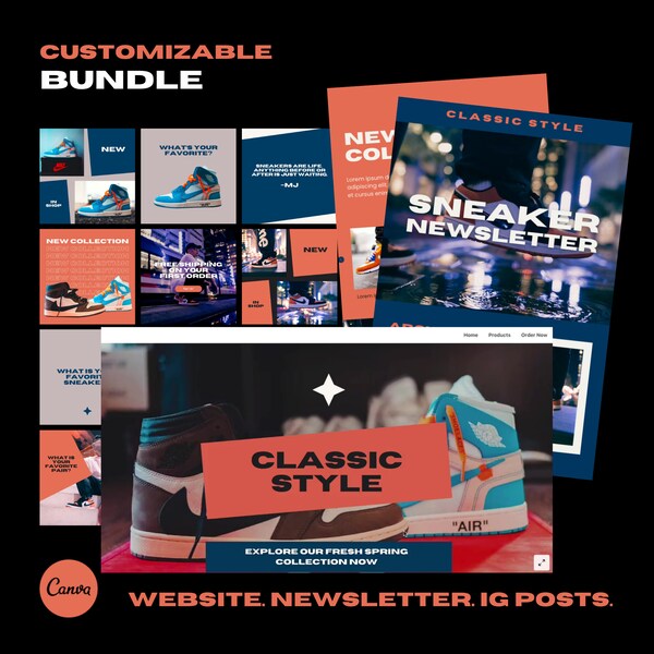 Editable Canva Website & Social Media BUNDLE for Sneaker Lookbook Landing Page and IG Posts