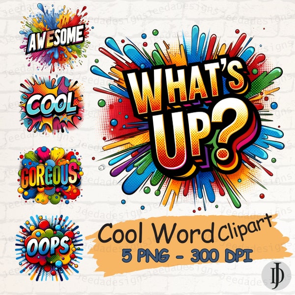 Cool word colorful Clipart PNG, Pop art style, T shirt design, Clipart for T shirt, Mugs, Bags, Instant Download, illustration.