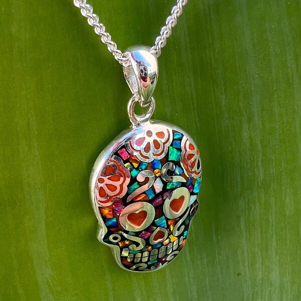 Mexican Skull Necklace with Australian Opal Inlay 925 Sterling Silver Heritage Inspired Pendant Gift Mexican Cultural Flair Gift Idea