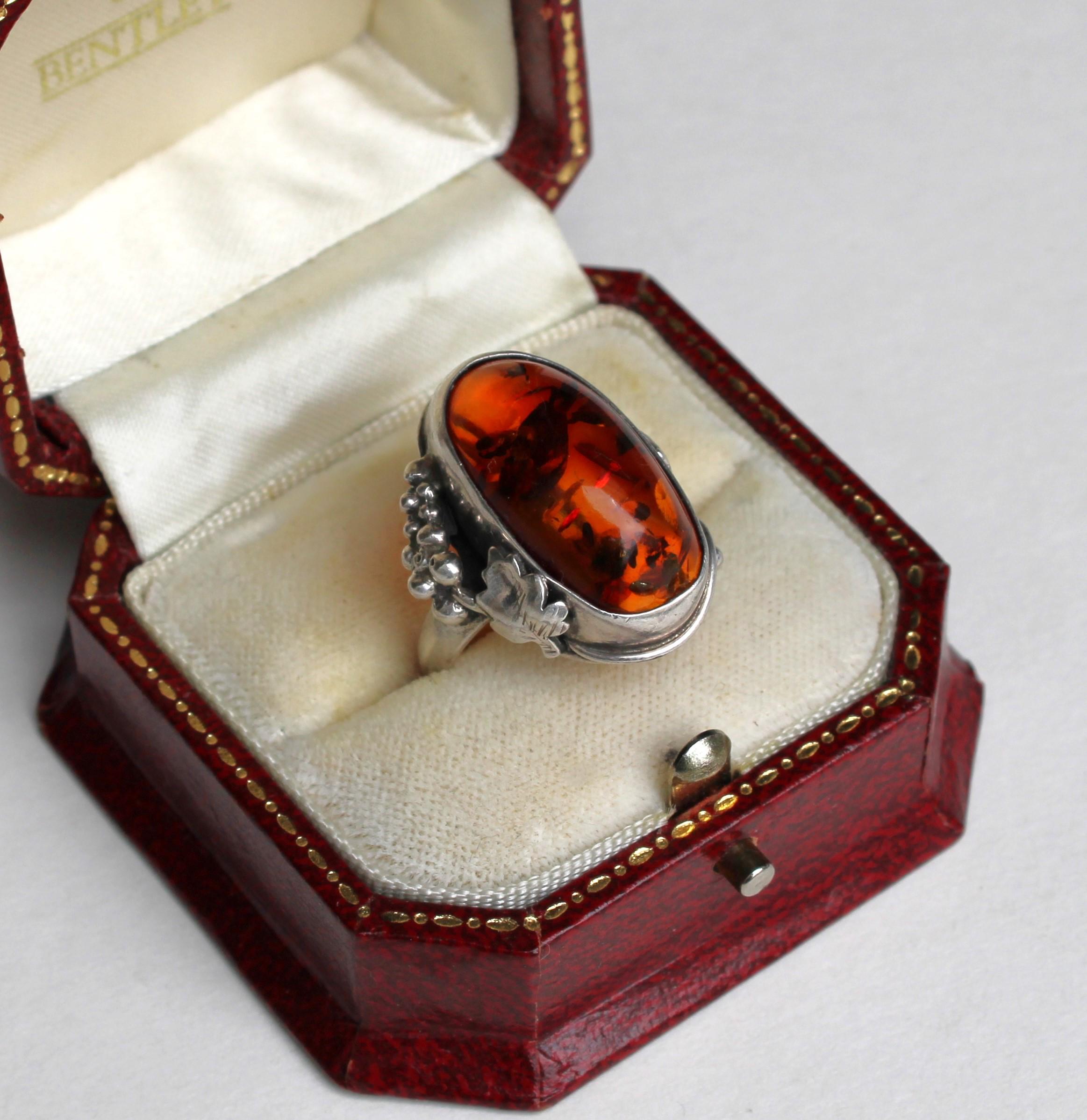 Bague Argent 925 Style Art Nouveau - Cabochon Ambre Baltique Marron, Taille 58