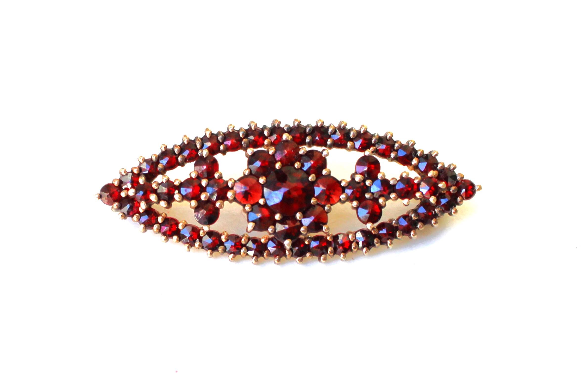 Broche Ancienne Avec Grenat De Bohême Sur Laiton - Longueur 4 Cm - Occasion Bon état - Bijou Vintage