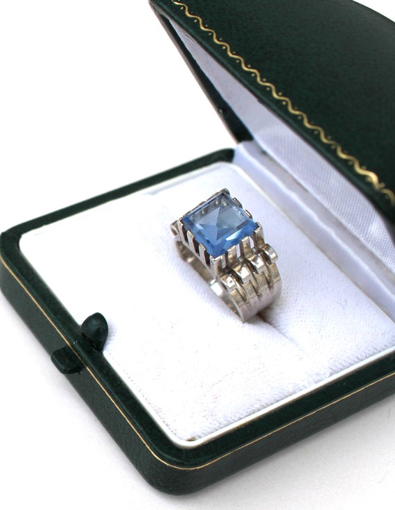 Bague Art Déco En Argent Massif Et Résine Bleue - Taille 51, Vintage Et élégante