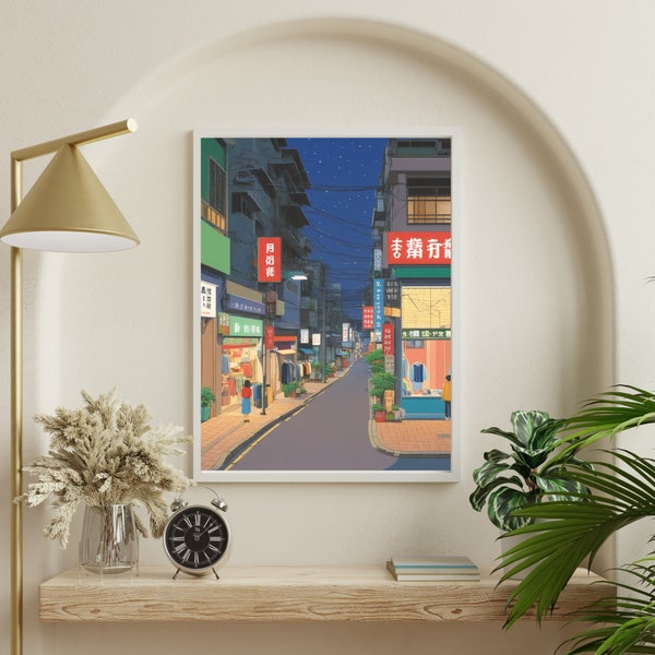 Taipei Night Street Scene Digital Print Twilight Urban Life Taiwan City Art for Home Office