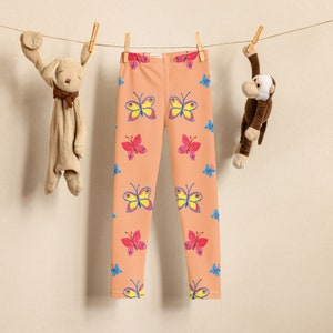 Butterflies Kid's Leggings, Toddlers Leggings, Peach Leggings