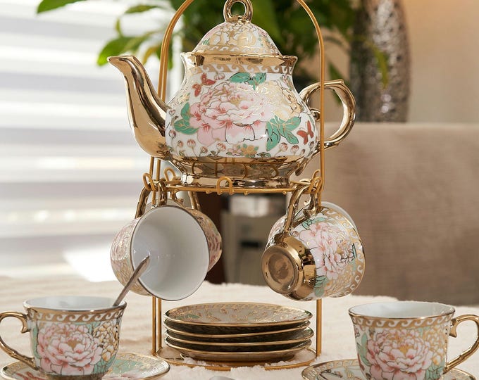 Multi Gold Tea Set 20 Piece Teapot 3 oz Cups Saucers Stainless Steel Spoons Rack