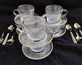 Cup and Saucer Coffee Tea Set: 18 Piece 6 Cups 6 Saucer 6 Stainless Steel Spoons Espresso Coffee Set Clear Glass w Gold Trim