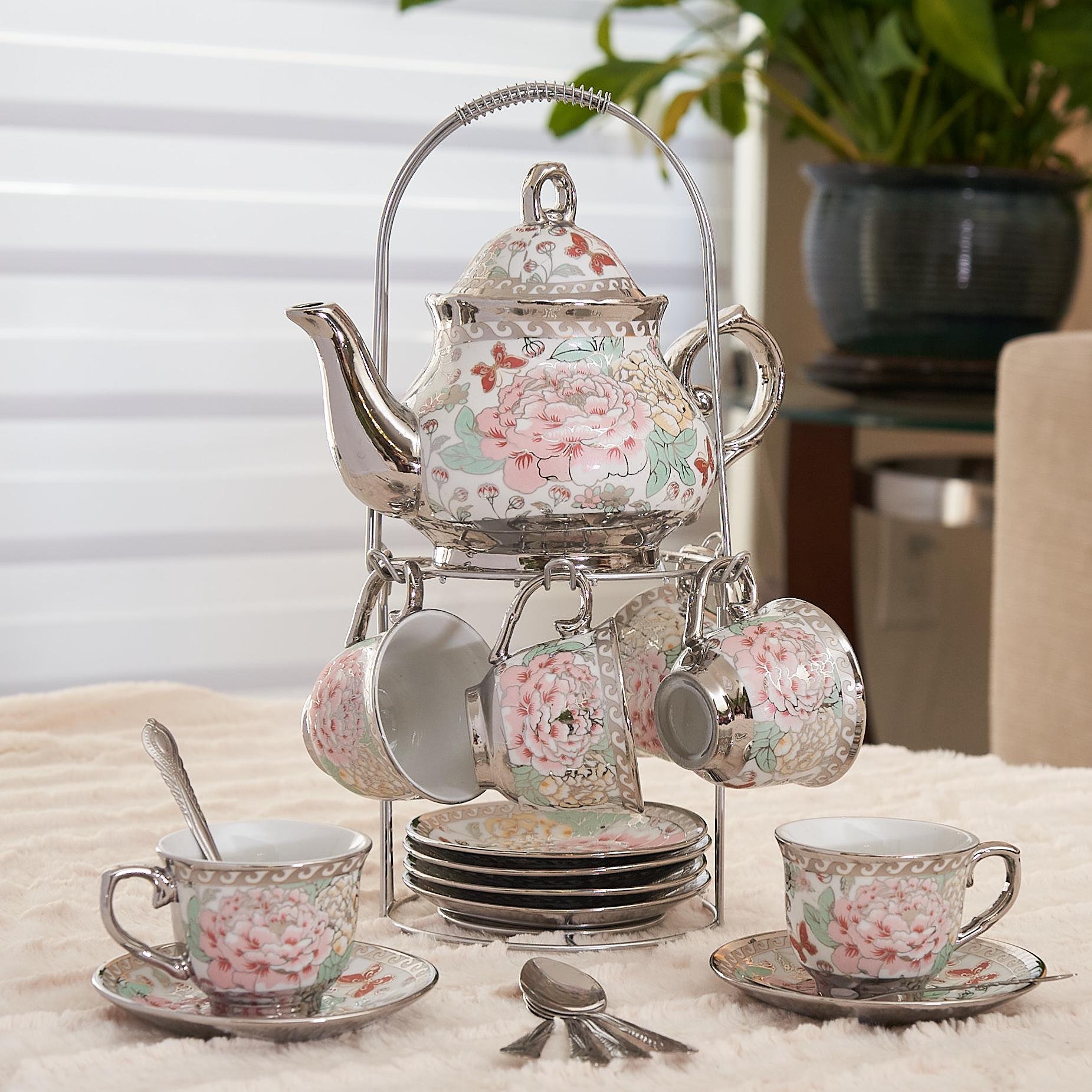 Gold Tea Set 20-piece Teapot 3 Oz Cups Saucers Stainless Steel