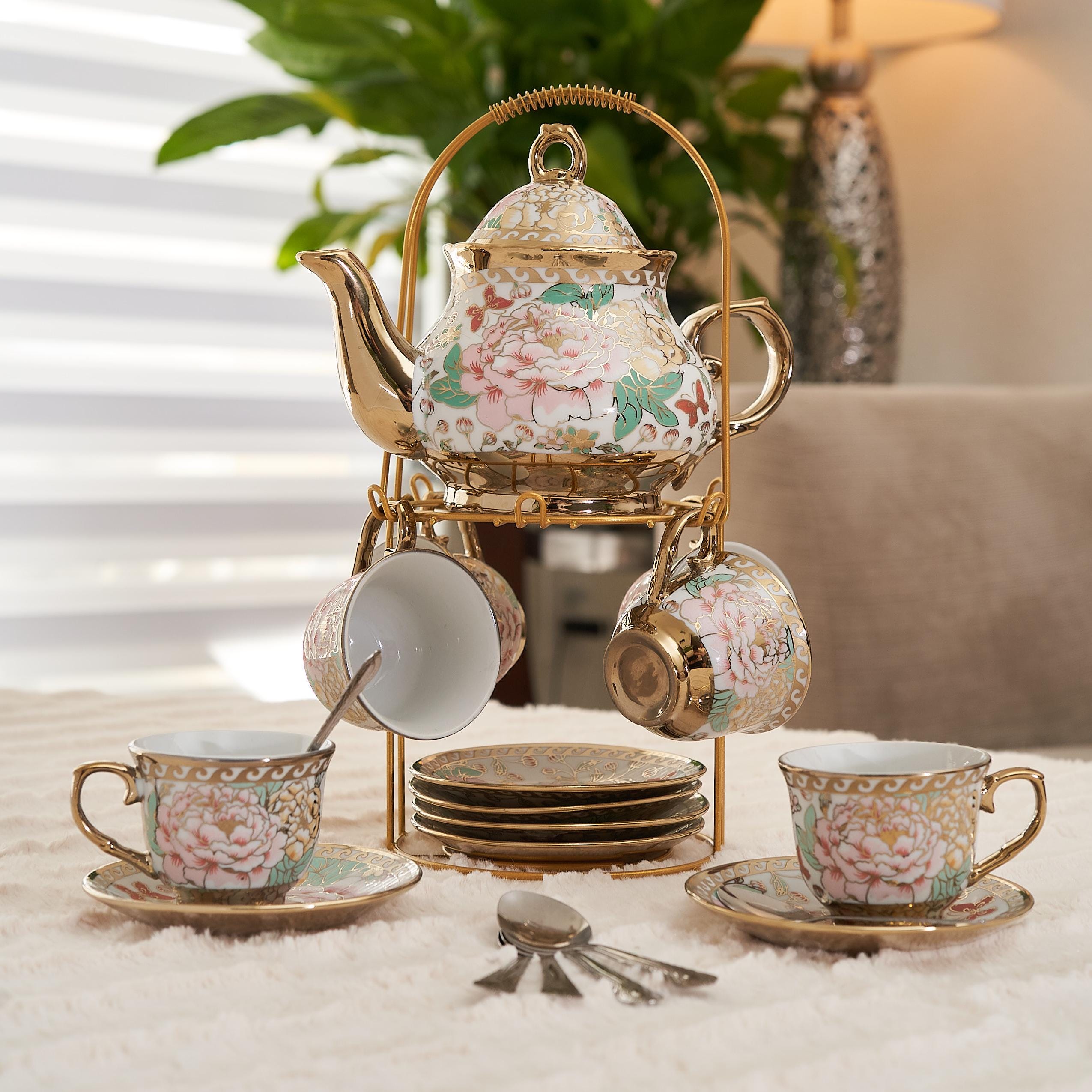 Multi Silver Floral Tea Set: 20-piece Teapot, 3oz Cups, Saucers