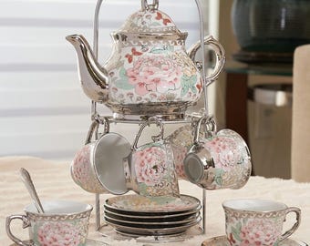 Multi Silver Floral Tea Set: 20-Piece Teapot, 3oz Cups, Saucers,  Rack