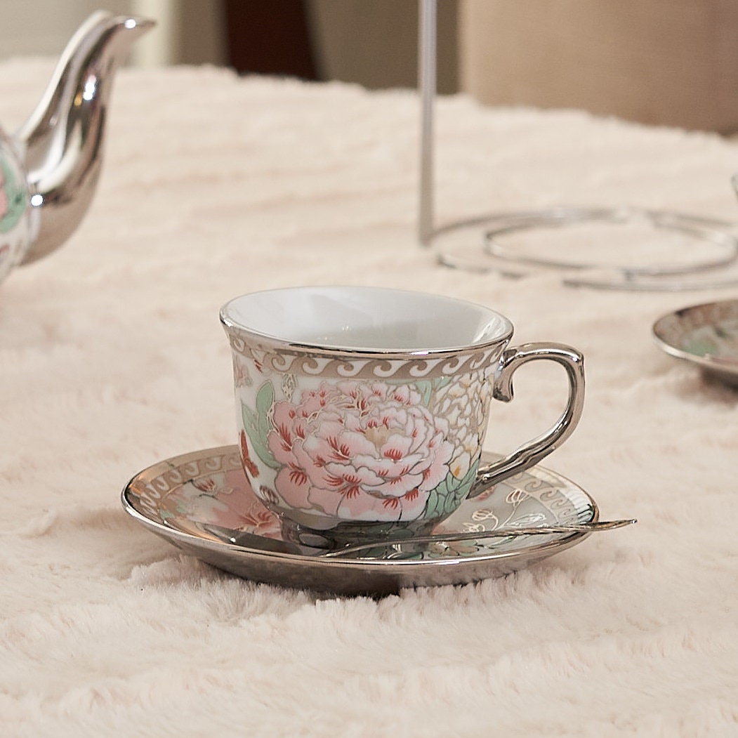 20 Pc Multi Silver Tea Set , 3 Oz Cups Tea Pot. 6 Cups 6