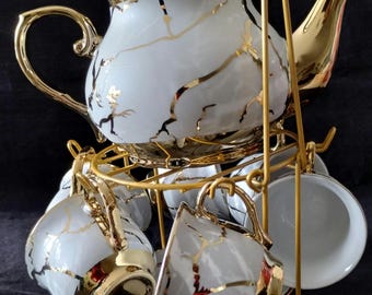 Gold Trim Grey Marble Tea Set: Teapot, 3oz Cups, Saucers, Spoons,  Rack