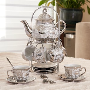 Gold Tea Set 20-piece Teapot 3 Oz Cups Saucers Stainless Steel Spoons ...