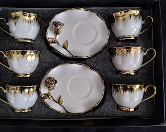 18-Piece Gold Rose Coffee Espresso Cup Set: 3 oz Cups, Spoons Saucers Tea