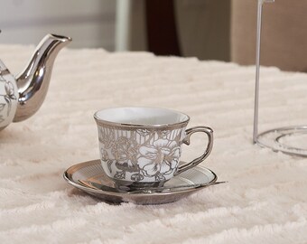 Vintage Turkish Coffee Pot Set With Tray & 6 Cups - Zinc Alloy Silver-White Retro Serving Set For Coffee & Tea