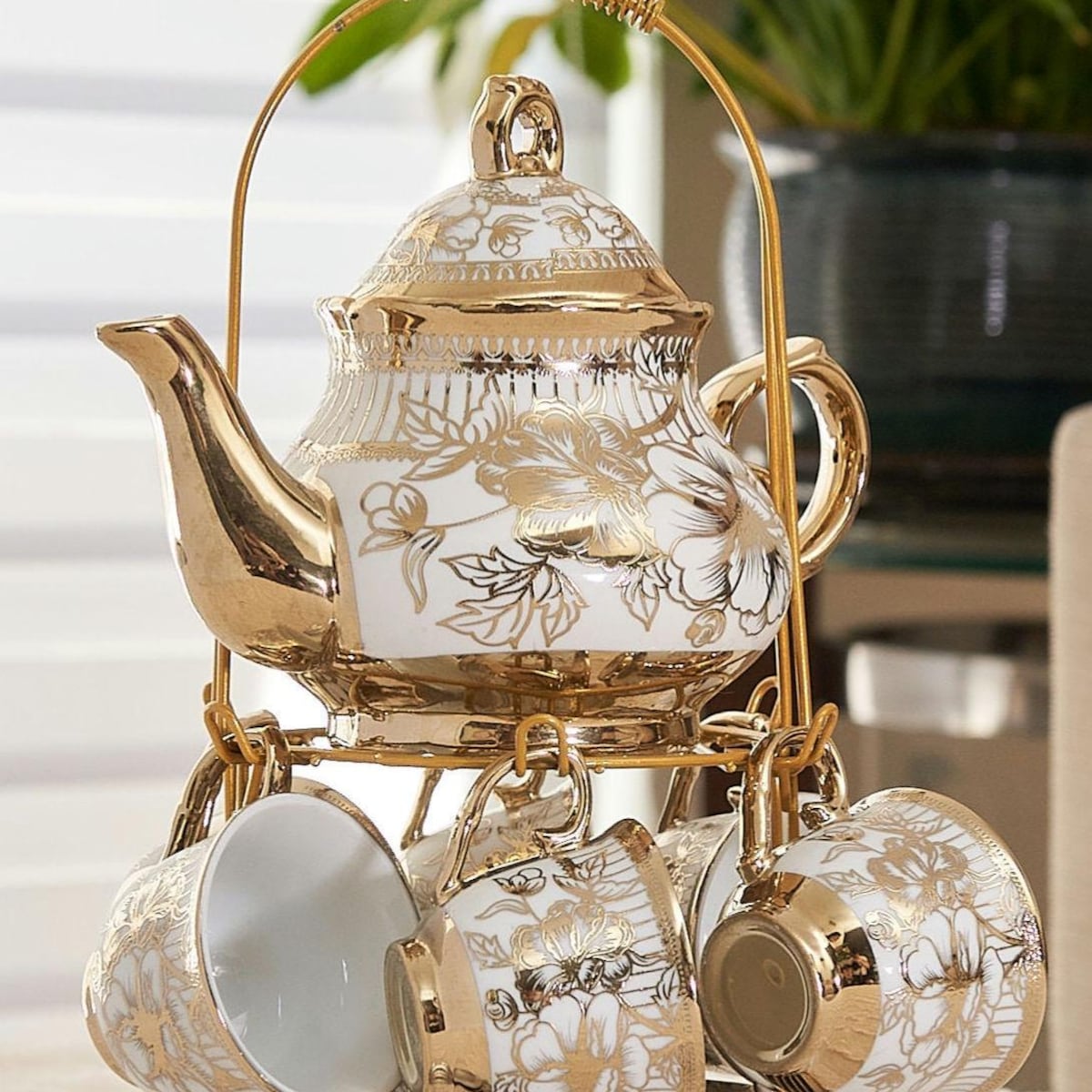 Gold Tea Set 20-Piece Teapot 3 oz Cups Saucers Stainless Steel Spoons with Tea Rack