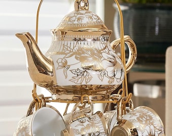 Gold Tea Set  20-Piece Teapot 3 oz Cups Saucers Stainless Steel Spoons with Tea Rack