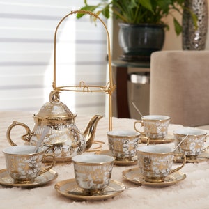 Gold Tea Set 20-piece Teapot 3 Oz Cups Saucers Stainless Steel Spoons ...