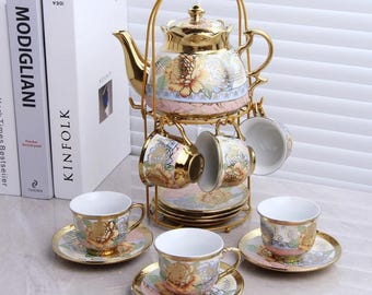 20 Pc Baby Pink Tea Set , 3 oz Cups tea pot 6 Cups 6 Saucers 6 Spoons Rack Tea party Reveal
