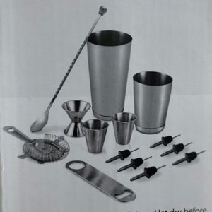 May include: A stainless steel bar tool set, including a cocktail shaker, jigger, strainer, bar spoon, bottle opener, and pour spouts. The set is designed for mixing drinks and includes various measuring tools.