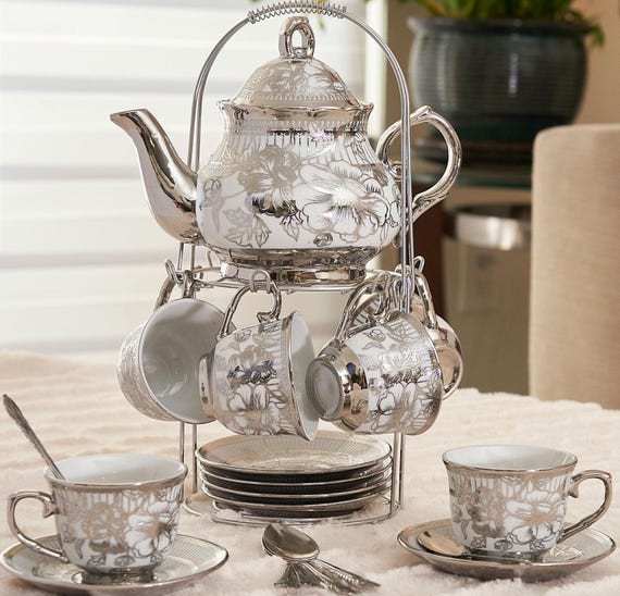 Silver Tea Set: 20-Piece Floral Teapot, 3 oz Cups, Saucers, Spoons, Rack