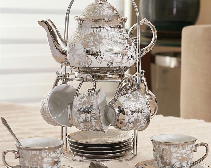 Silver Tea Set: 20-Piece Floral Teapot, 3 oz Cups, Saucers, Spoons, Rack