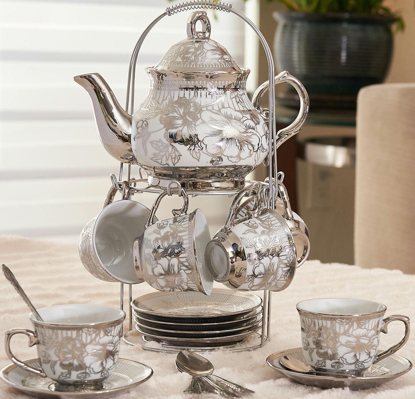 Silver Tea Set: 20-piece Floral Teapot, 3 Oz Cups, Saucers, Spoons