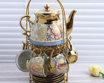 Tea cup saucer set  20-Piece Teapot 3oz 6 Cups 6 Saucers 6 Spoons baby reveal tea party