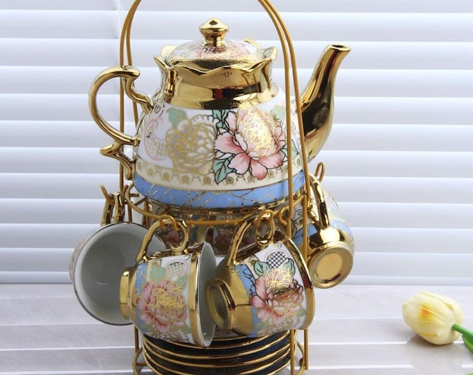 Tea cup saucer set  20-Piece Teapot 3oz 6 Cups 6 Saucers 6 Spoons baby reveal tea party