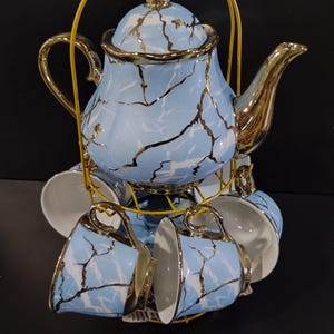 20 Pc Large Tea Set 7 oz Cups 1 Tea Pot 6 Cups 6 Saucers 6 Spoons with Rack FULL SIZE SET Available in Blue, Green and Grey