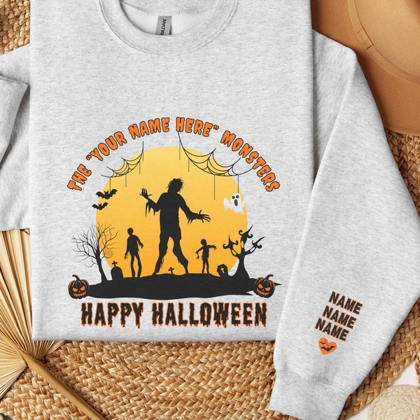 Personalized Halloween Sweatshirt for Mom and Dad, Kids Names on Sleeve, Fun Zombie Graphic Family Costume Idea, Trick or Treat and parties.