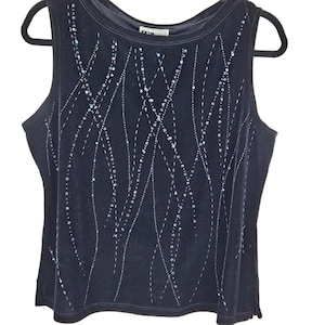 Vintage I.N. Studio Velvet Black Tank Top- Beaded Design- Size Large