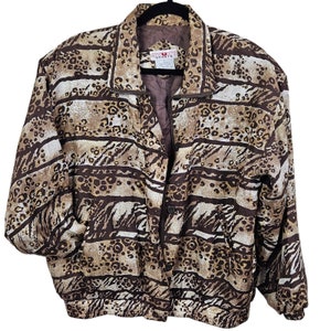 Vintage Women Stunt Sports Brown Bomber Jacket Size Medium 100% Silk Leopard
