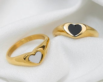 18K Gold Black and White Heart Ring, Stainless STEEL Ring, WATERPROOF Ring, Sweatproof Ring, Heart Ring, Gift For her, Valentine's Day Gift
