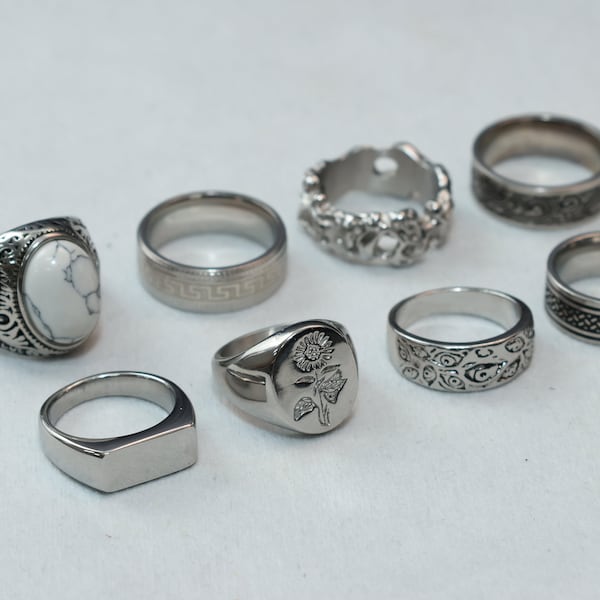 Heren zilveren roestvrijstalen ringen - zegelringen - ringen voor mannen - set ringen - zilveren bloemsieraden - unisex draaiende oogringen