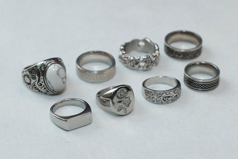Heren zilveren roestvrijstalen ringen zegelringen ringen voor mannen set ringen zilveren bloemsieraden unisex draaiende oogringen afbeelding 1
