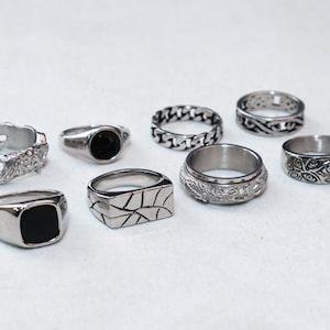 Mens Signet Rings Stainless Steel Silver Rings for men Set of rings Silver Streetwear Jewellery Unisex Rings Abalone Shell Onyx zdjęcie 2