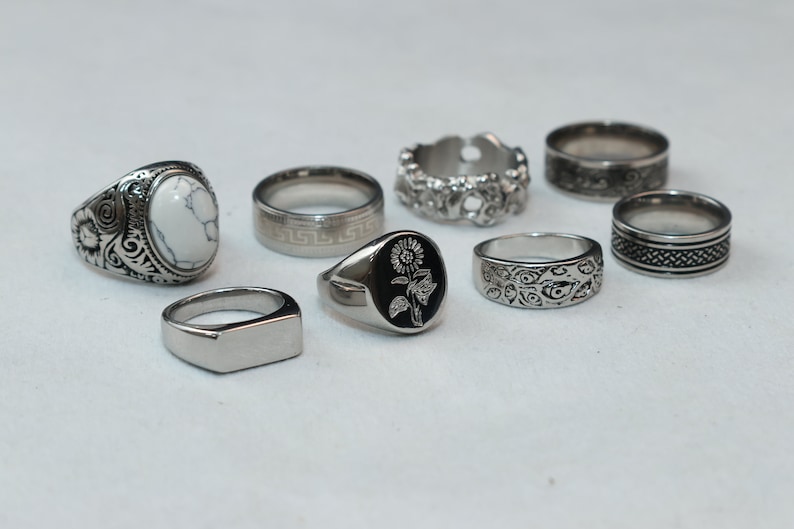 Mens Silver Stainless Steel Rings Signet Rings Rings for men Set of rings Silver Flower Jewellery Unisex Spinning Eye Rings image 2